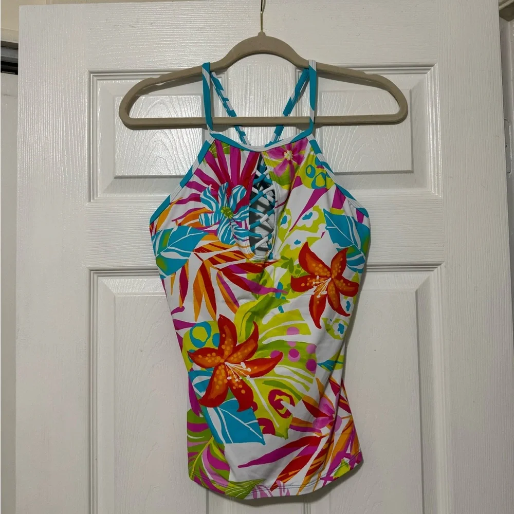 NWT Bleu Rod Beattie Lattice Front Floral Tankini Top Size 12